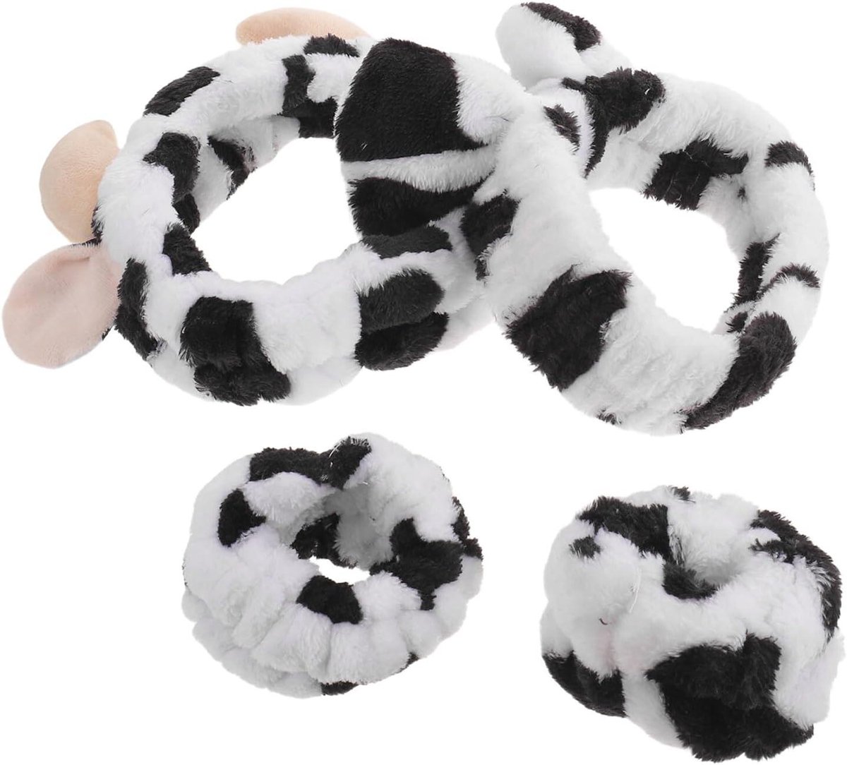 Pluche Koeienprint Haarband Polsband Set - Spa Set Dierenprint - Gezichtsreiniging Make-up - Machinewasbaar Duurzaam - 4 Delig - Meerkleurig