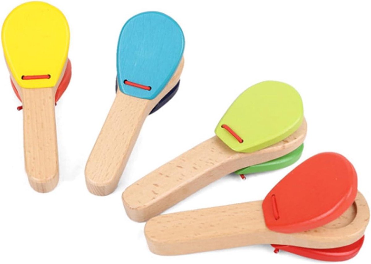 Houten Handklepel - Castagnet Speelgoed - Muziek Educatie - Gemaakt van Beukenhout - 11 x 5 x 3 cm - Multicolor