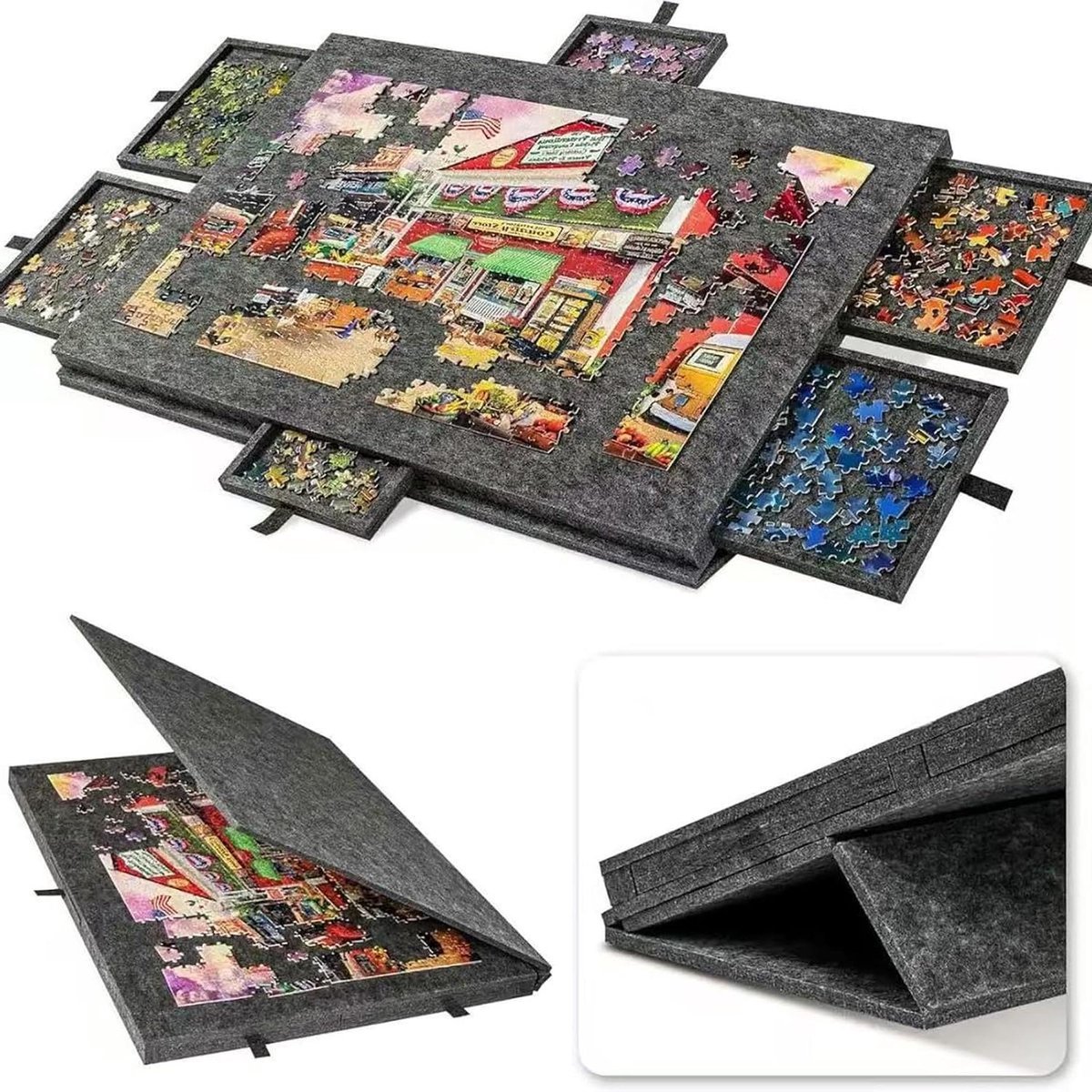 Opvouwbare Puzzeltafel - Puzzelbord met Lades - Puzzels Maken - Kantelbaar en Opvouwbaar - 90x63 cm - Donkergrijs
