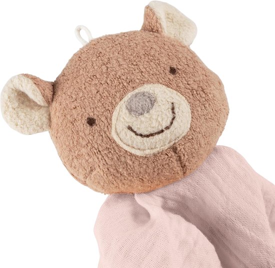 Knuffeldoek beer - Babyspeelgoed mousseline - Troosten en knuffelen - Zacht katoen geborduurd gezicht - 32 x 24 cm - Roze — afbeelding 3