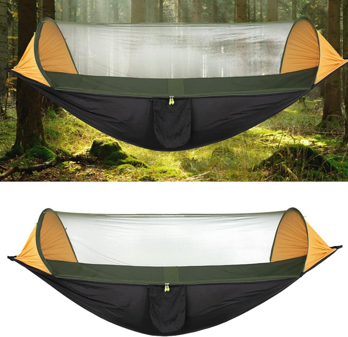 Klamboe Hangmat - Kampeerhangmat Schommel - Ontspannen Buiten - Automatisch Snel Open - 290 x 140 cm - Oranje Zwart Goudgeel