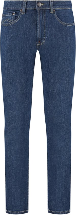 Vooraanzicht van een donkerblauwe slim fit jeans.