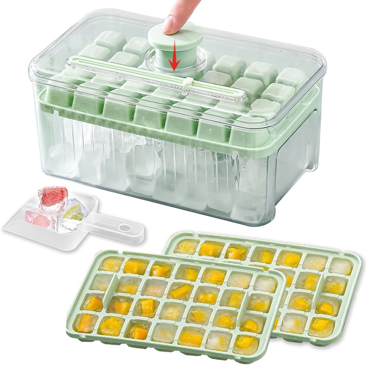 Mini IJsklontjesvorm met Deksel en Opbergbox – 2-Pack – 56 IJsklontjes – Ice Cube Tray met Opvangbak & Ijsschep – BPA-vrij voor Drankjes