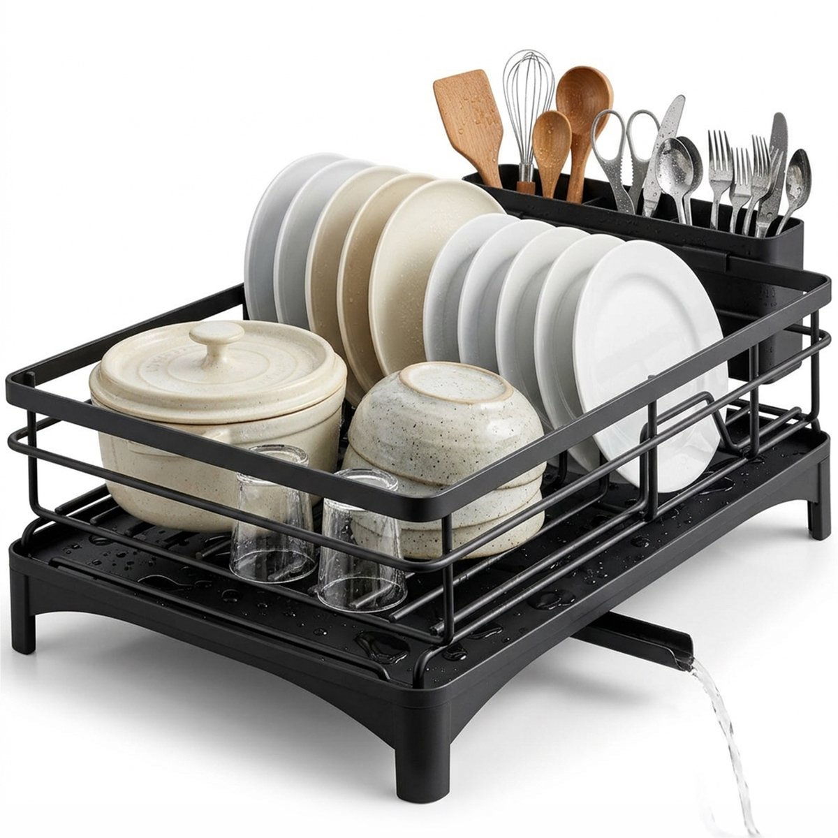 Luft Afdruiprek met Lekbak - Afwasrek - Droogrek voor Afwas - Zwart - Afdruipmat - Druip - Rek - Ideaal voor Keuken & Camping - RVS - Zwart
