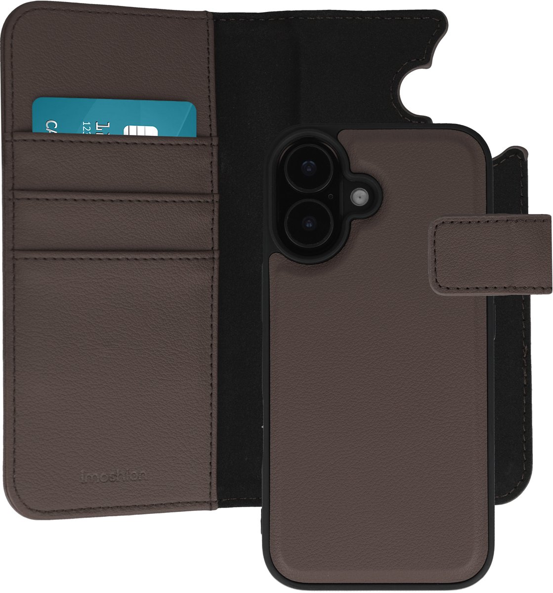 imoshion Hoesje - Geschikt voor Apple iPhone 16 - Uitneembare 2-in-1 Luxe Bookcase - Bruin