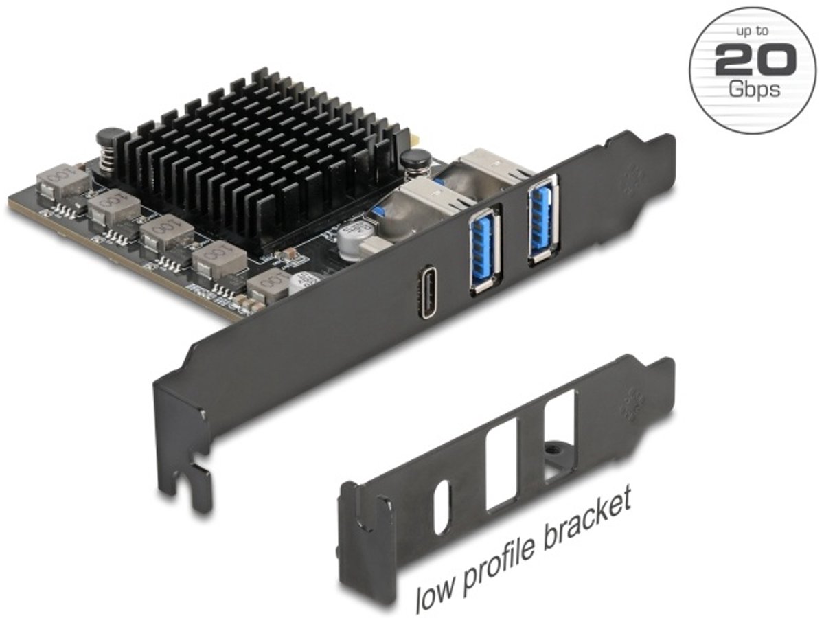 Delock PCI Express x4 Card to 1 x USB Type-C™ 20 Gbps + 2 x Type-A 10 Gbps - Low Profile Form Factor