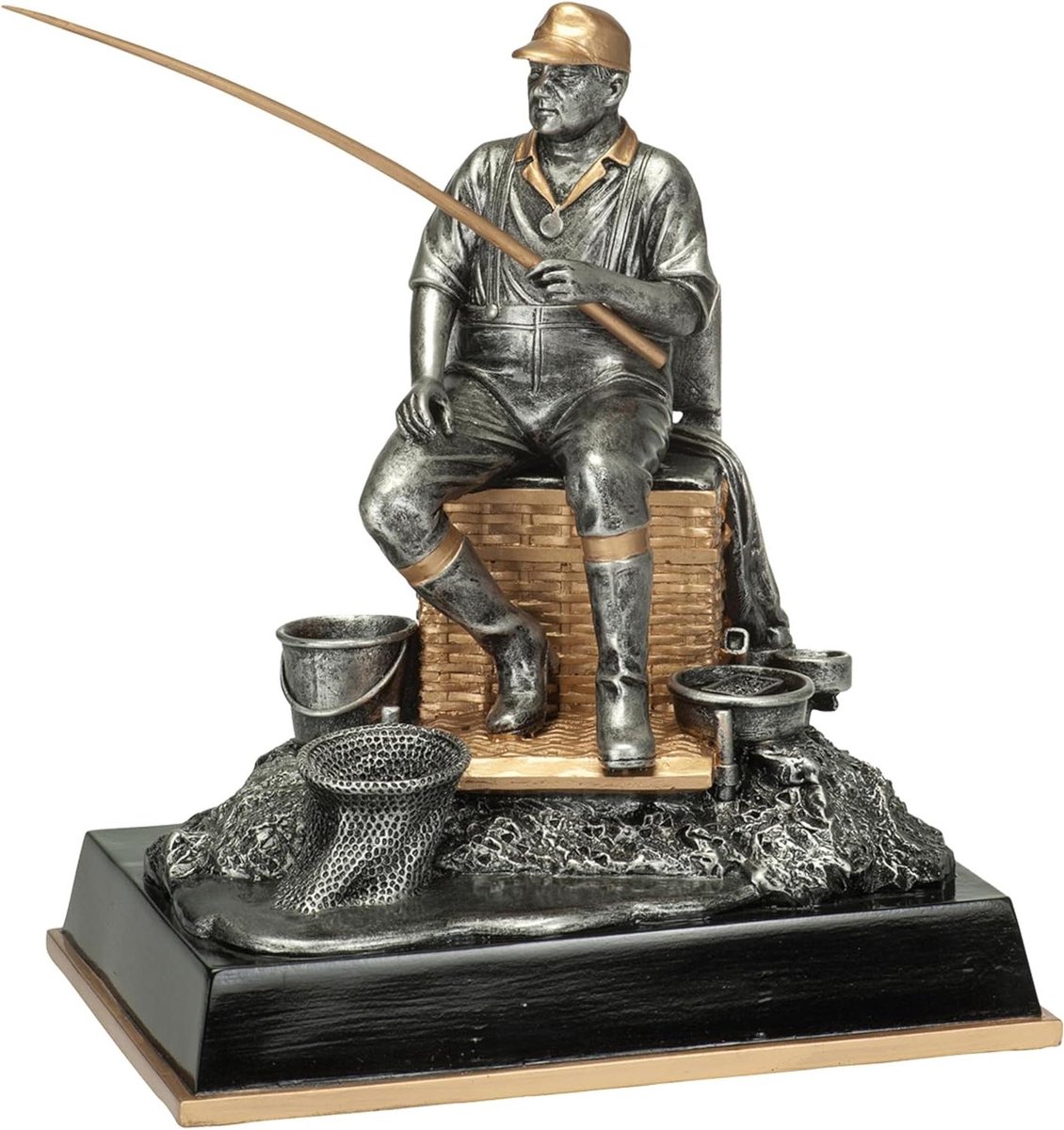 XL Beeld Visser - Wisselbeker Trofee - Viswedstrijd Prijs - Gedetailleerd Beeld - 30 cm Hoog - Zilver Goud