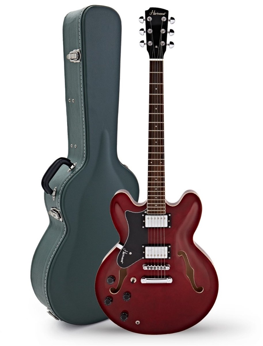 Hartwood Revival linkshandige semi-akoestische gitaar & harde koffer, Cherry Red