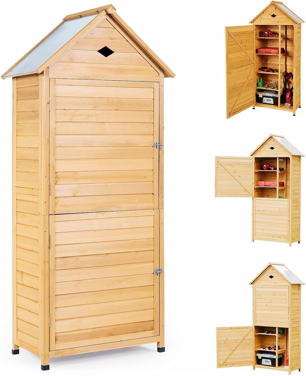 Houten Tuinkast - Gereedschapsschuur Opbergkast - Tuinspullen Opbergen - Schuin Dak Regenafvoer - 80x45x177 cm - Natuurlijk