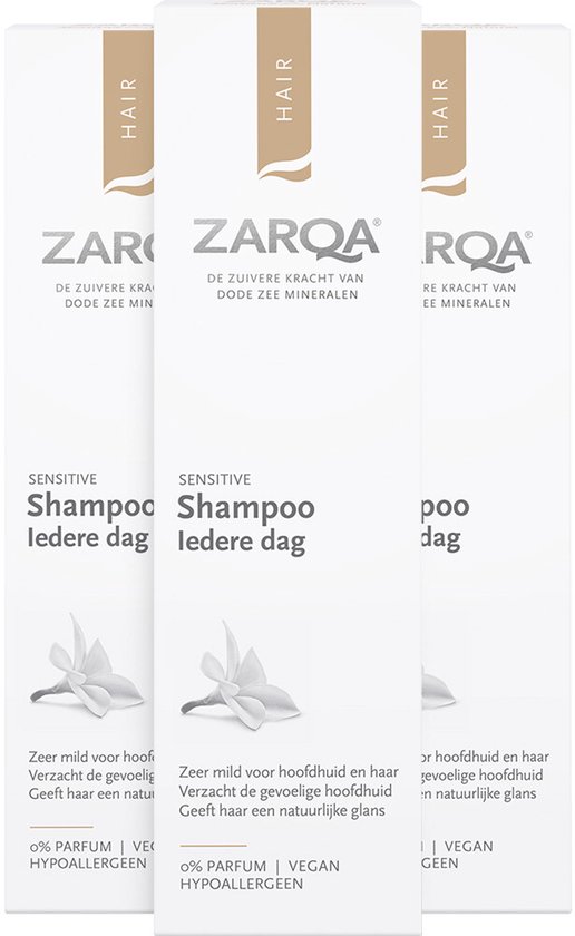 Drie witte dozen met ZARQA Sensitive Shampoo Iedere Dag, met beige accenten en bloemenillustraties.