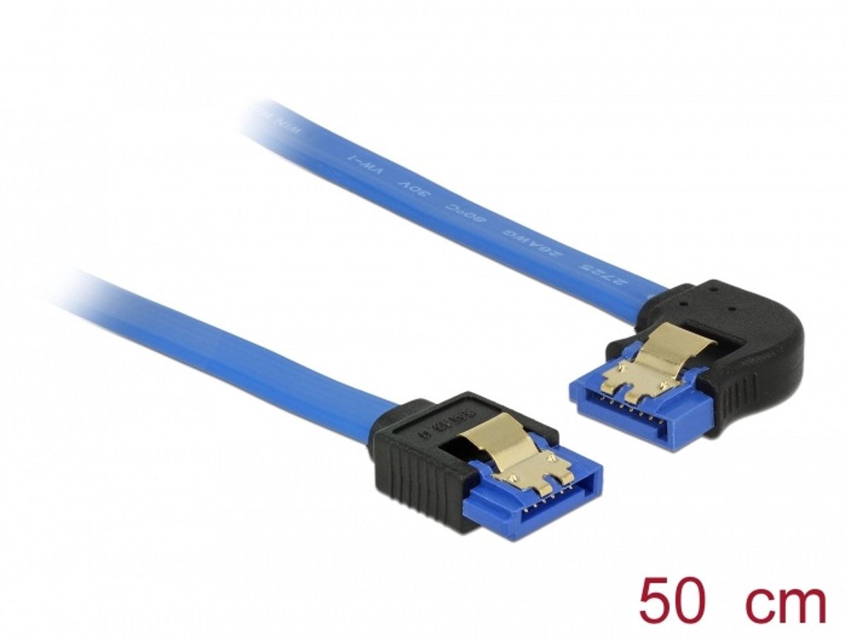 Kabel sata 6 gb/s bak recht> sata -bakje links schuine schuppel 50 cm blauw met gouden clips