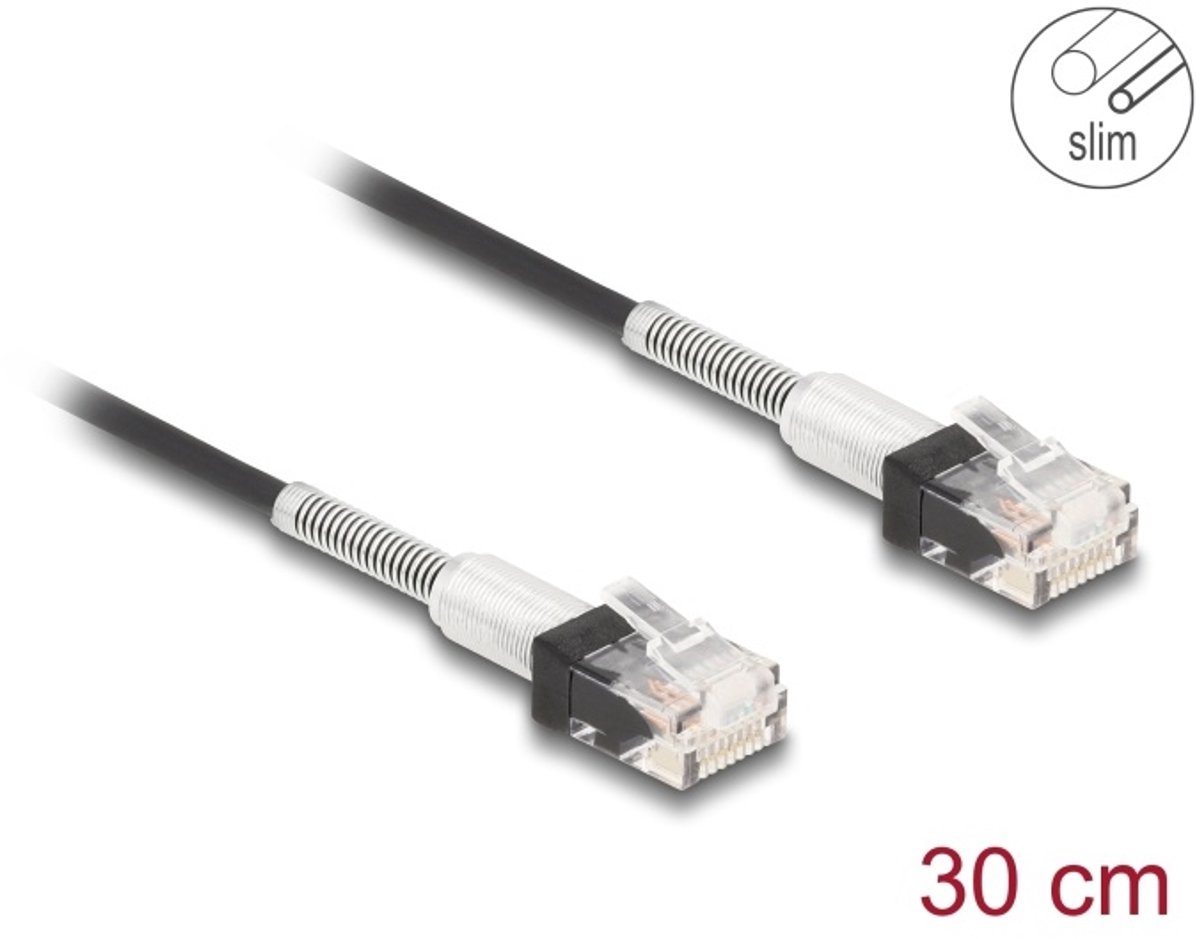 Delock RJ45 Network Cable with double bend protection Cat.6A UTP Slim 0.3 m black