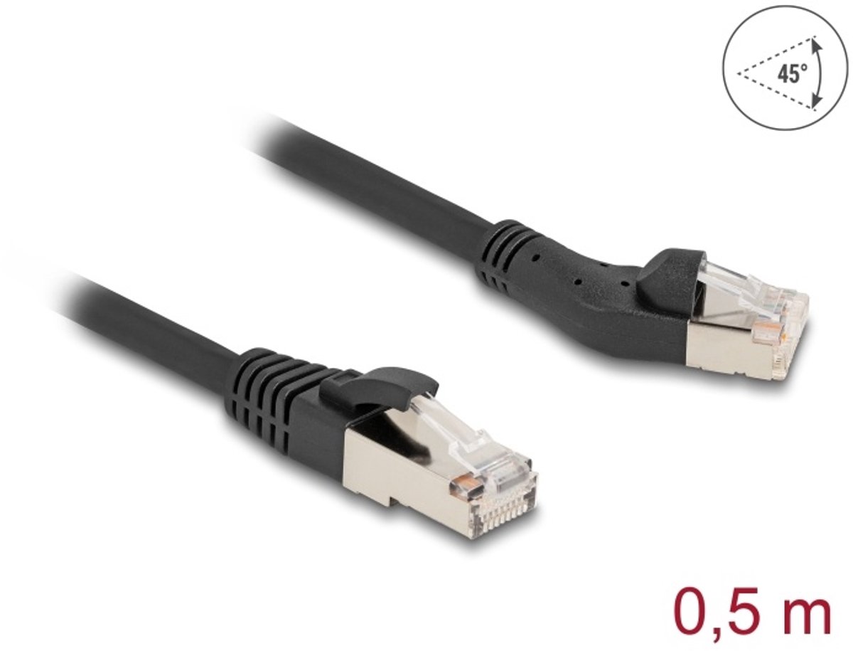 Image of Delock RJ45 Network Cable Cat.8.1 S/FTP plug 45° left angled to plug straight up to 40 Gbps 0.5 m black