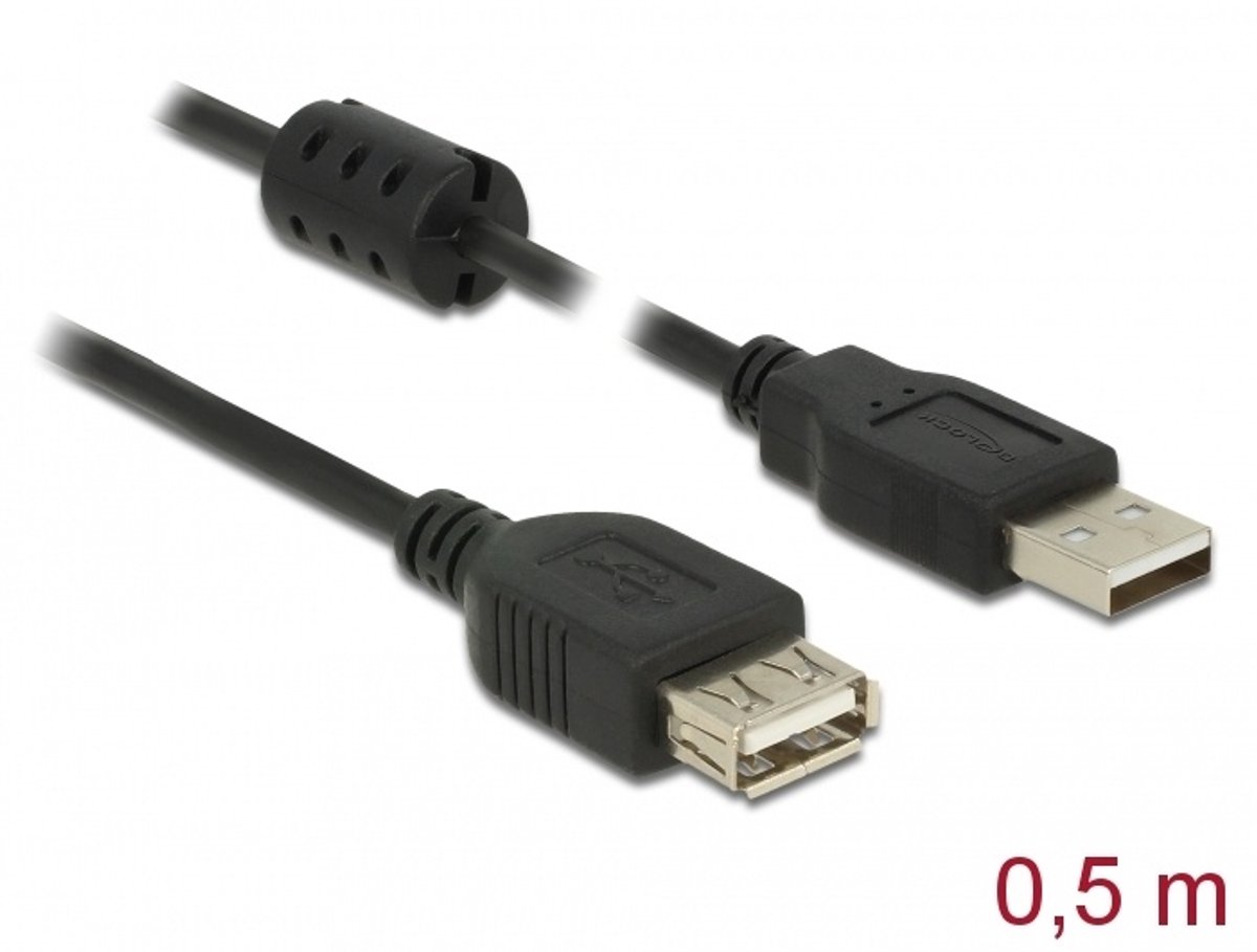 Delock USB-kabel USB 2.0 USB-A stekker, USB-A bus 50.00 cm Zwart Met Ferrietkern