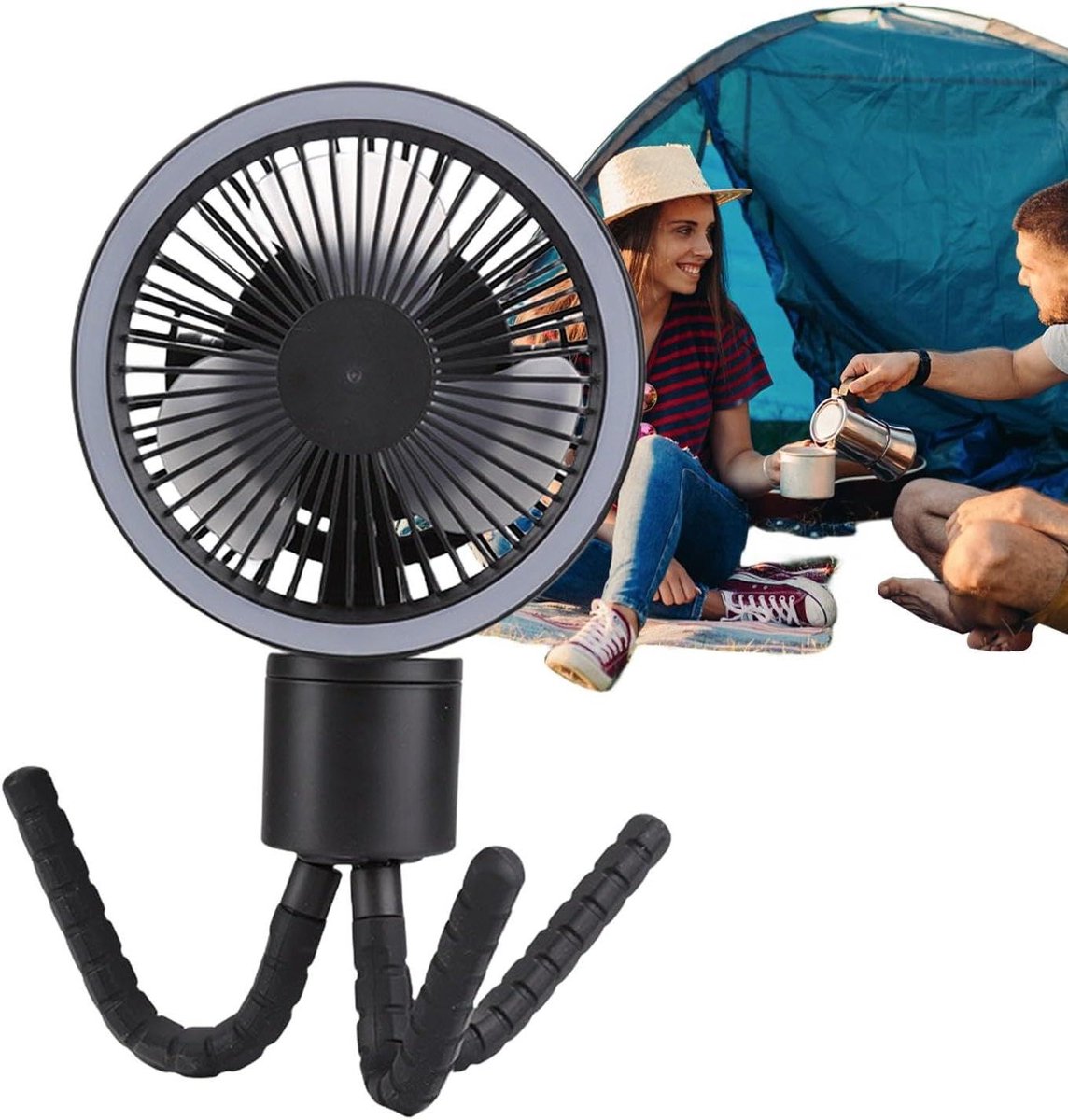 Draagbare Ventilator - Kampeerlamp - Buitenactiviteiten - 360° Luchtstroom - 17cm - Zwart
