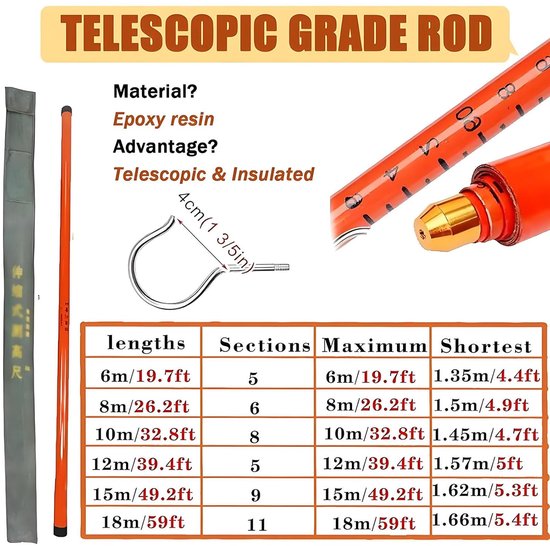 Telescopische Meetstok - Hoogtemeter Stok - Hoogtemeting Lijnwachter - Niet-geleidende Epoxyhars - 8 meter - Oranje — afbeelding 2