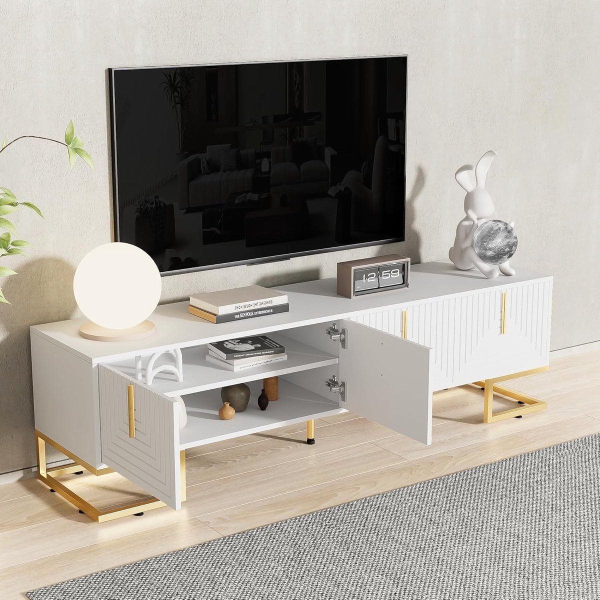 TV Kast - Lowboard Meubel - Woonkamer Opbergen - Gestructureerde Deur - 170 x 40 cm - Wit