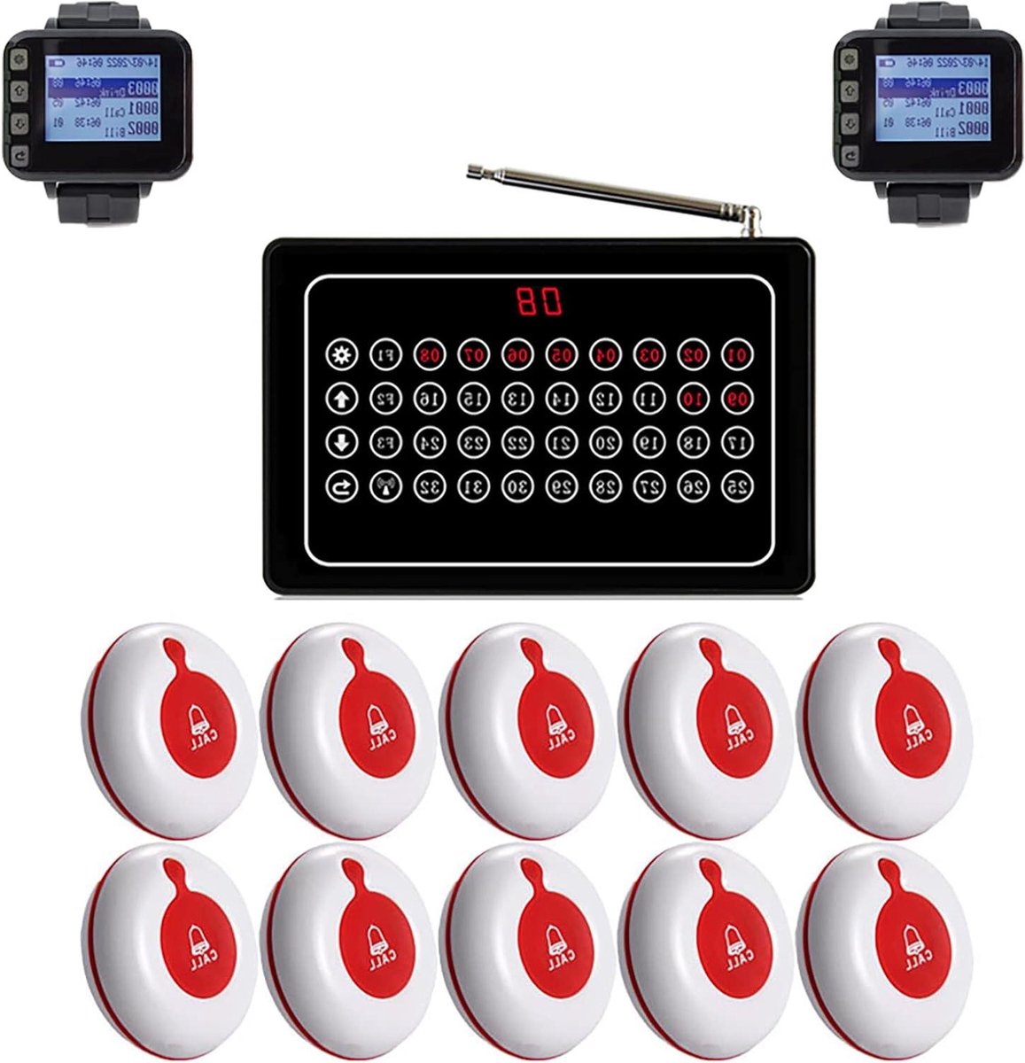 Verzorger Pager - Draadloos Bellen - Klantenservice Verbeteren - 32 Nummers Weergegeven - 10 Knoppen 2 Horloges - Zwart Wit