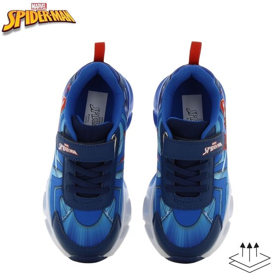 Blauwe Spiderman schoenen met lichtjes voor kinderen, met klittenbandsluiting. Opdruk van Spiderman en een blauw/wit gestreept patroon.