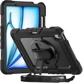 Hoes met ingebouwde Screenprotector Geschikt voor Apple iPad Air (2024/2025/2026) | Inclusief 360° Draaibare Handriem en Schouderriem | Extreme bescherming | Ideaal voor zakelijk gebruik | Zwart