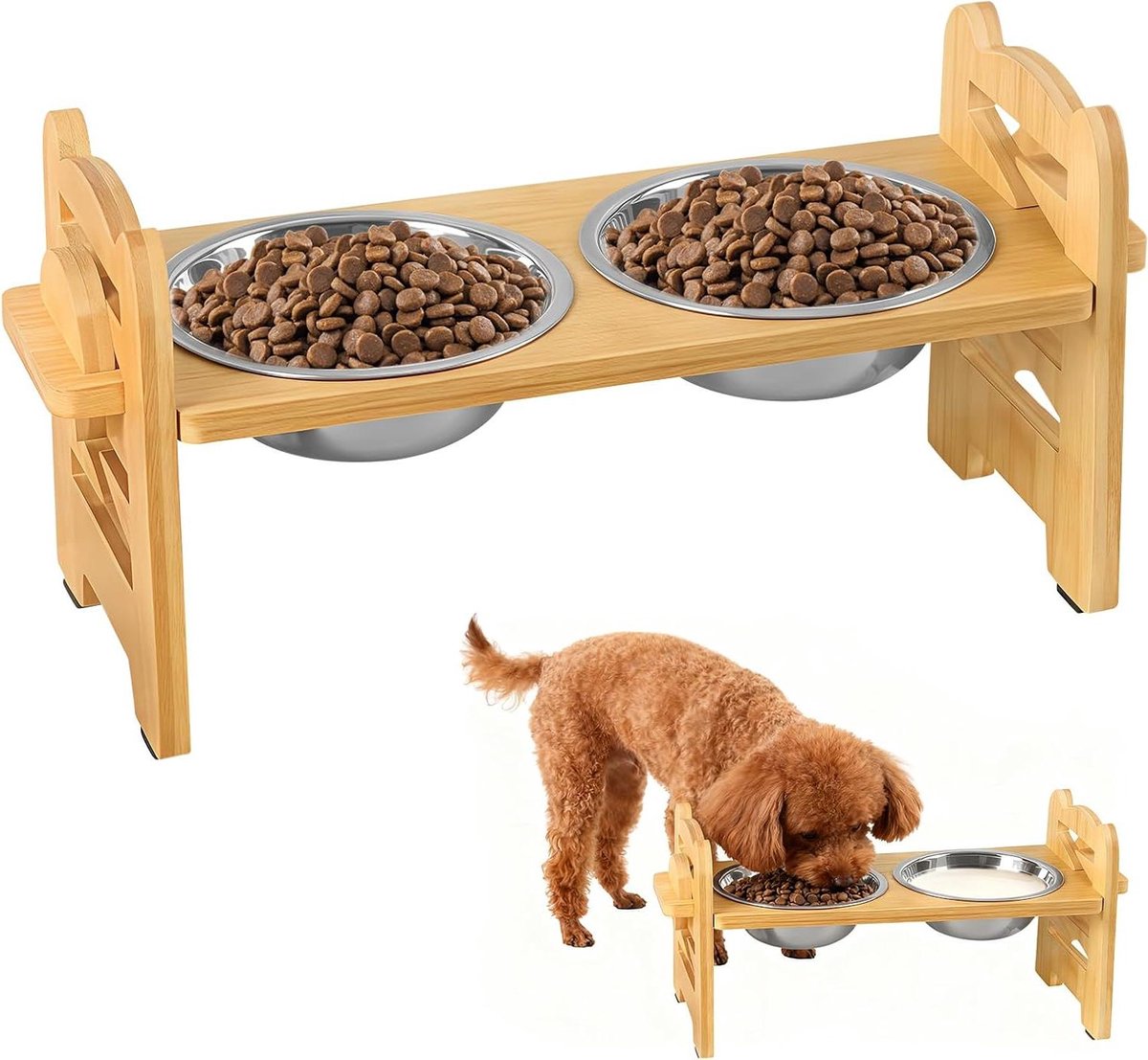 Verhoogde voerbak set - Honden en kattenbakken - Ergonomisch voeren - In hoogte verstelbaar - 20x6x30 cm - Hout