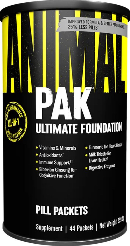 Zwarte pot met gele strepen en tekst 'ANIMAL PAK ULTIMATE FOUNDATION' en lijst met ingrediënten.