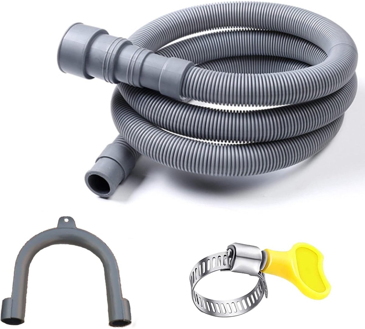 Afvoerslang Wasmachine 2 m – Universele Flexibele Afvoerslang met Verlengadapter, 2 Slangklemmen en U-Bocht – Geschikt voor Wasmachine en Vaatwasser