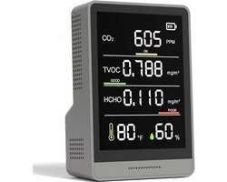 5-in-1 professionele monitor voor de luchtkwaliteit binnenshuis: draagbare CO₂-monitor, temperatuur-, formaldehyde- en vochtigheidsmeter, TVOC-meter, luchtkwaliteitsmeter, monitor voor schone lucht in afgesloten ruimtes – grijswit