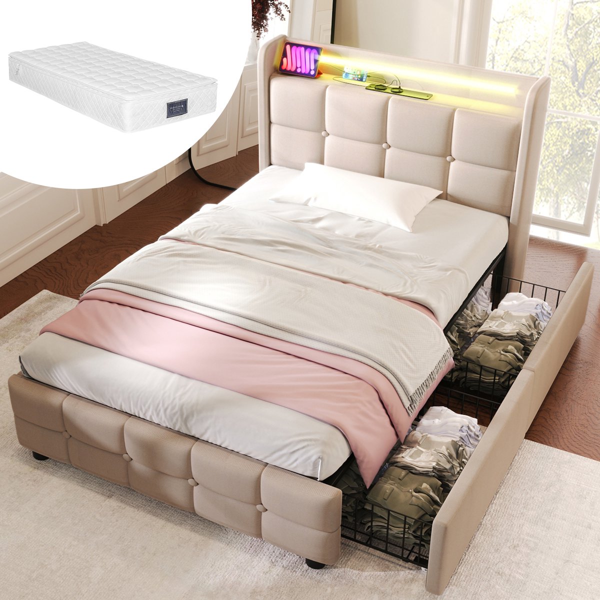 intebiki Gestoffeerd bed met USB-oplaadfunctie, hoofdbord, ledverlichting en 2 lades; eenpersoonsbed 90x200cm; bedframe met opbergruimte; lattenbodem van hout; beige (inclusief matras)