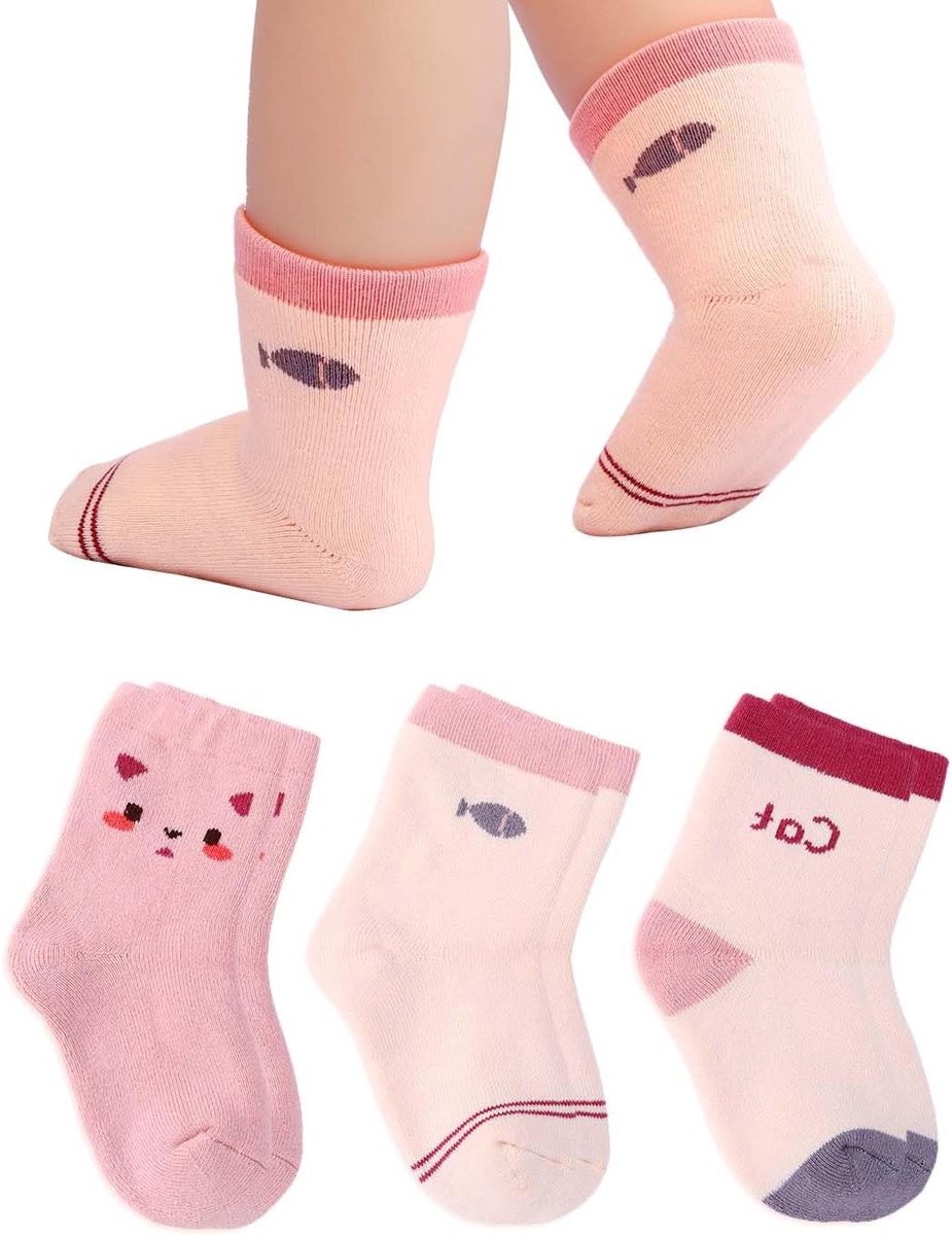 3-Pack Baby Meisjes Sokken met Cartoon Motief - Warme Katoenen Crew Sokken voor Peuters 6-12 Maanden, Roze, Comfortabel en Ademend