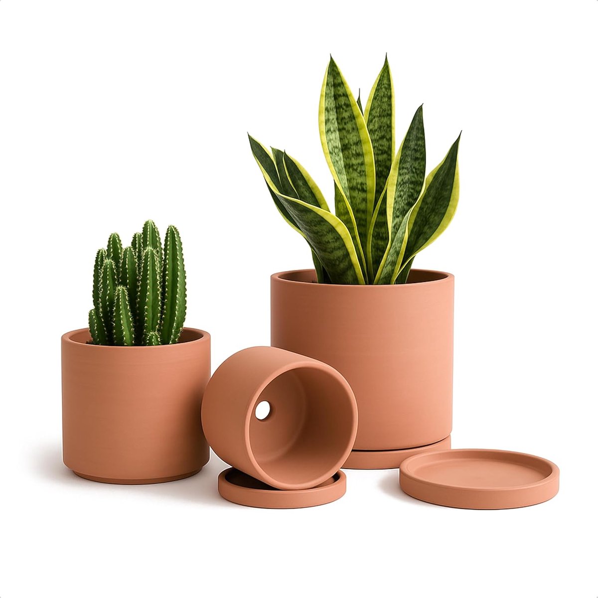 Famanu – Set van 3 terracotta potten voor planten, 4,2 inch, 5,3 inch en 6,5 inch met drainage en schotels