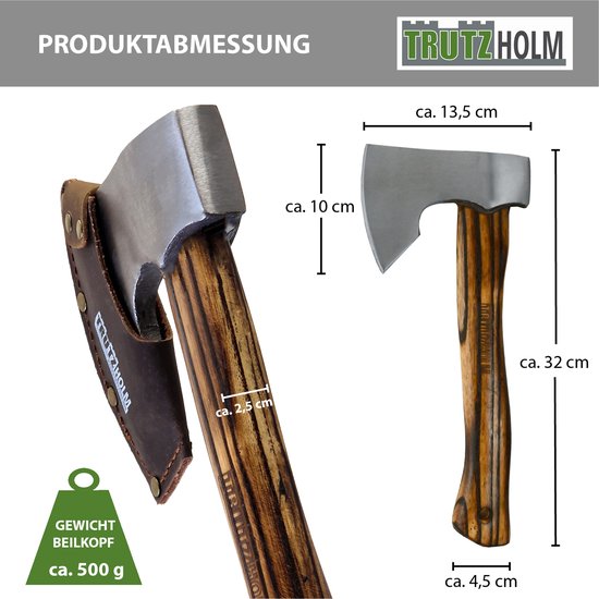 TRUTZHOLM Vintage Handbijl 500g - Gevlamd Hickoryhout 320mm - Gesmede Stalen Trekkingbijl Outdoor met Lederen Bescherming van TRUTZHOLM — afbeelding 2
