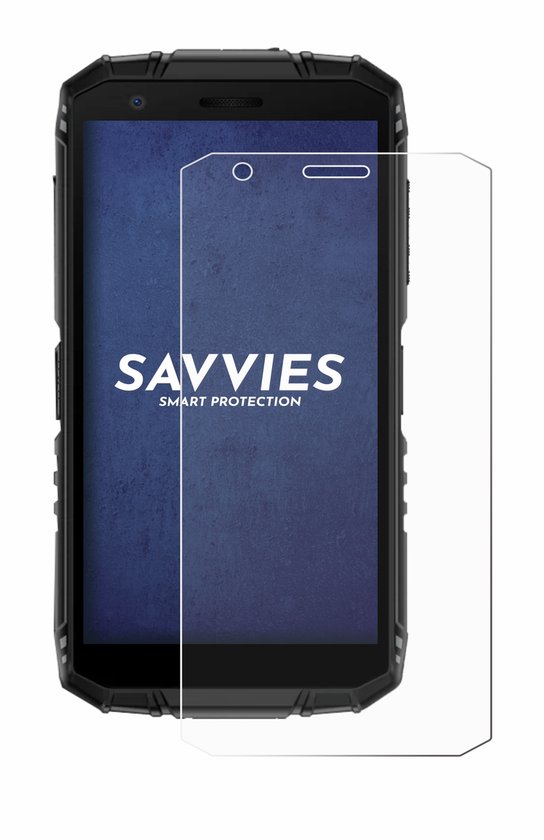Transparante screenprotector, passend op een robuuste zwarte smartphone. De protector is deels aangebracht.