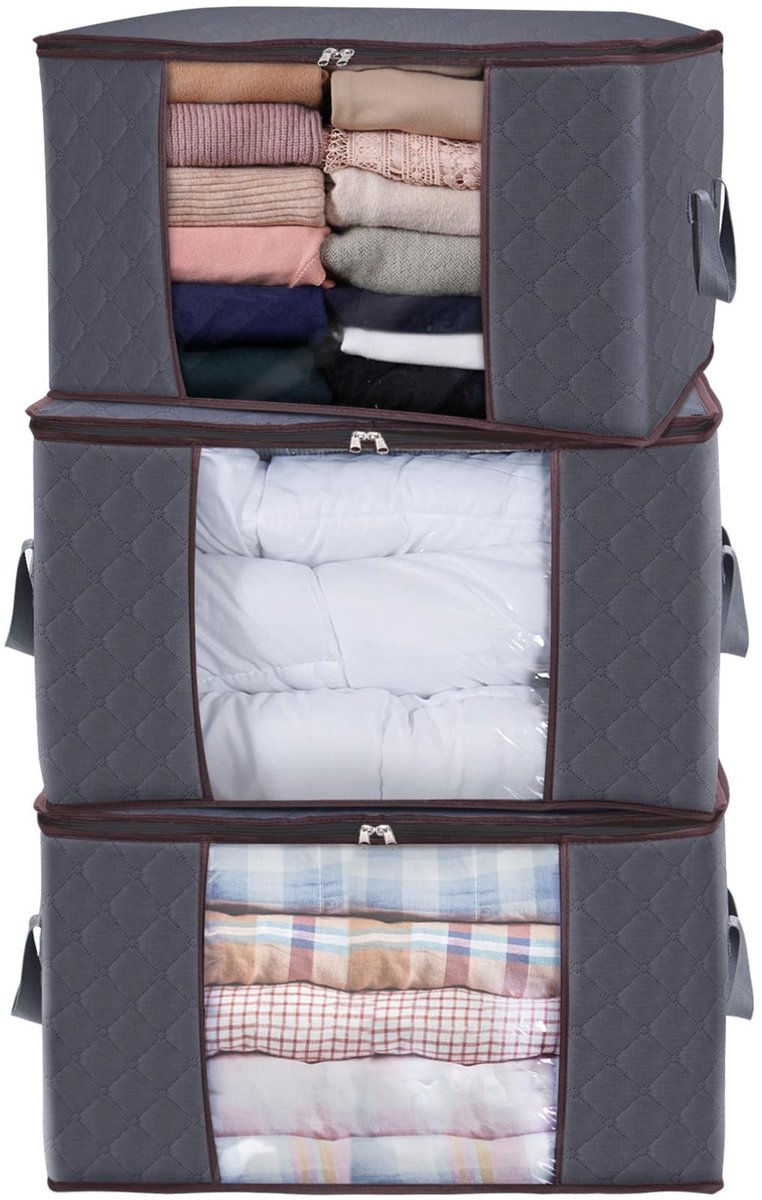 ONF3 - Grote Opbergtas voor Kleding - Ruimtebesparend en veelzijdig - Grijs - Stevige Ritssluiting - Perfect voor Bedding en Dekens - 3 x 90L