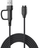 Zwarte 2-in-1 USB-A en USB-C oplaadkabel met gevlochten kabel.