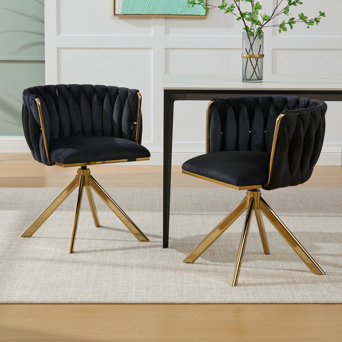 Velours fauteuil met robuust metalen frame, 180° draaifunctie, rugvriendelijke ergonomie en fluweelzachte luxe voor flexibel gebruik als lounge, boudoir en creatieve werkplek (set van 2)