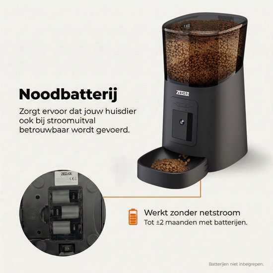 Zedar automatische voerautomaat met noodbatterij-optie, op de foto wordt uitgelegd dat hij tot 2 maanden op batterijen werkt.