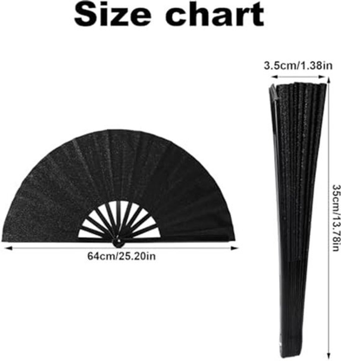 Groot Vouwbaar Handfan 64 cm - Zwarte Glitter Rave Fan voor Line Dancing en Feesten