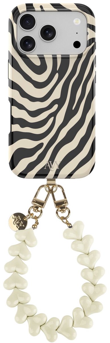 AVY Hoesje Met Telefoonkoord | Geschikt voor Apple iPhone 17 Pro Max | Compatibel met MagSafe | Hard Shell Back Cover | Stijlvol Bijpassend Koord 30CM | Safari Hearts | Zwart & Wit