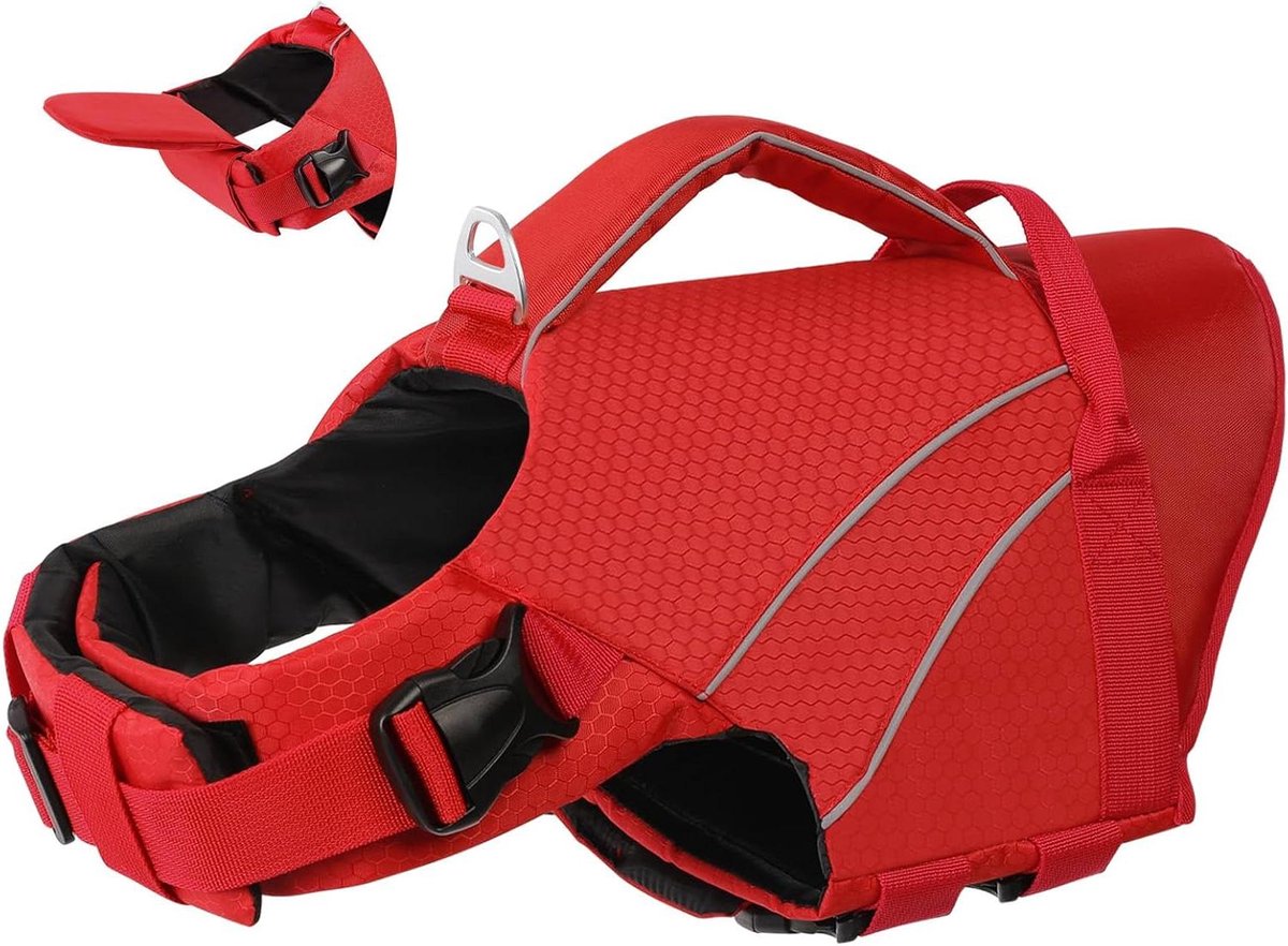 Honden Reddingsvest - Zwemvest Hond - Veiligheid op water - Afneembare kinsteun - Borstomvang 58-75cm - Donkerrood