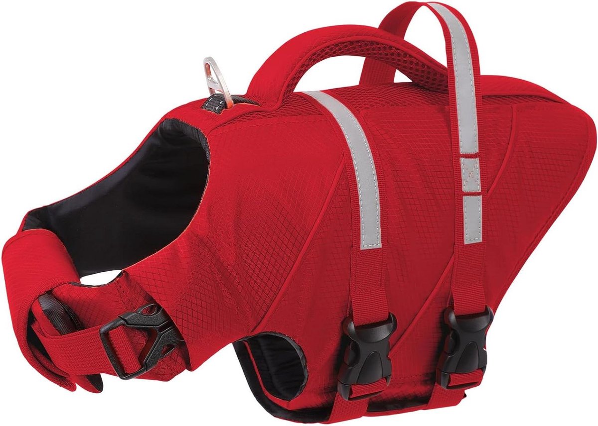 Honden Reddingsvest - Veiligheidsvest Hond - Water Activiteiten - Dubbele RVS Ringetjes - Maat M - Rood