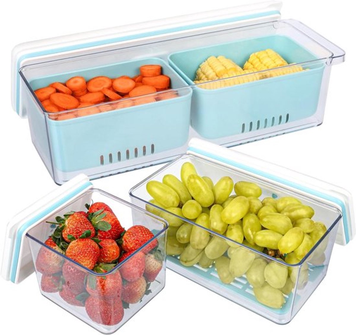Stapelbare en herbruikbare opbergbakken voor groente en fruit - Vershoudcontainers voor koelkast met afgietmanden - Vaatwasser- en magnetronbestendig - Geschikt voor verse groenten en fruit - 3-pack.