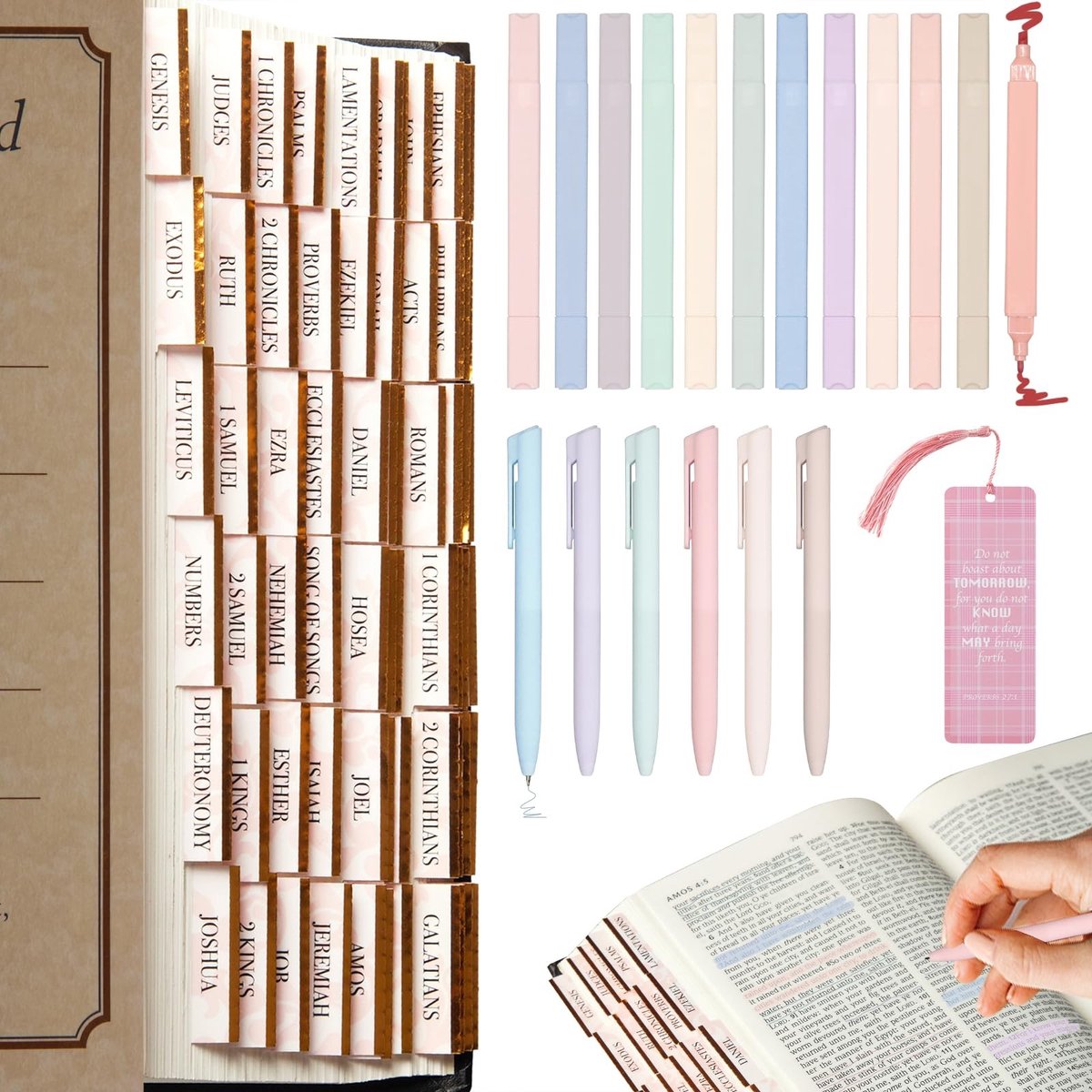 aladdien - Bijbel Highlighters en Pennen Set - 12 Highlighters - 6 Pennen - 96 Gelamineerde Tabs - Perfect voor Bijbelstudie - Ideaal voor Notities ...