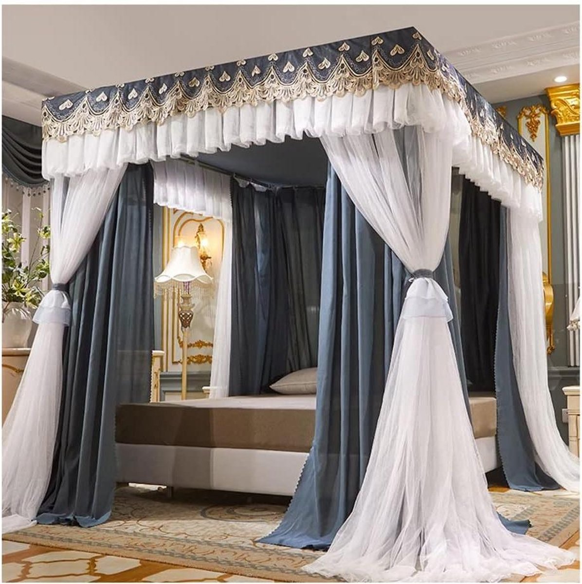 Bedhemel Klamboe - Hemelbed Gordijn - Slaapkamer Decoratie - Geborduurd Ruffle Rand - 200x220x200cm - Grijs