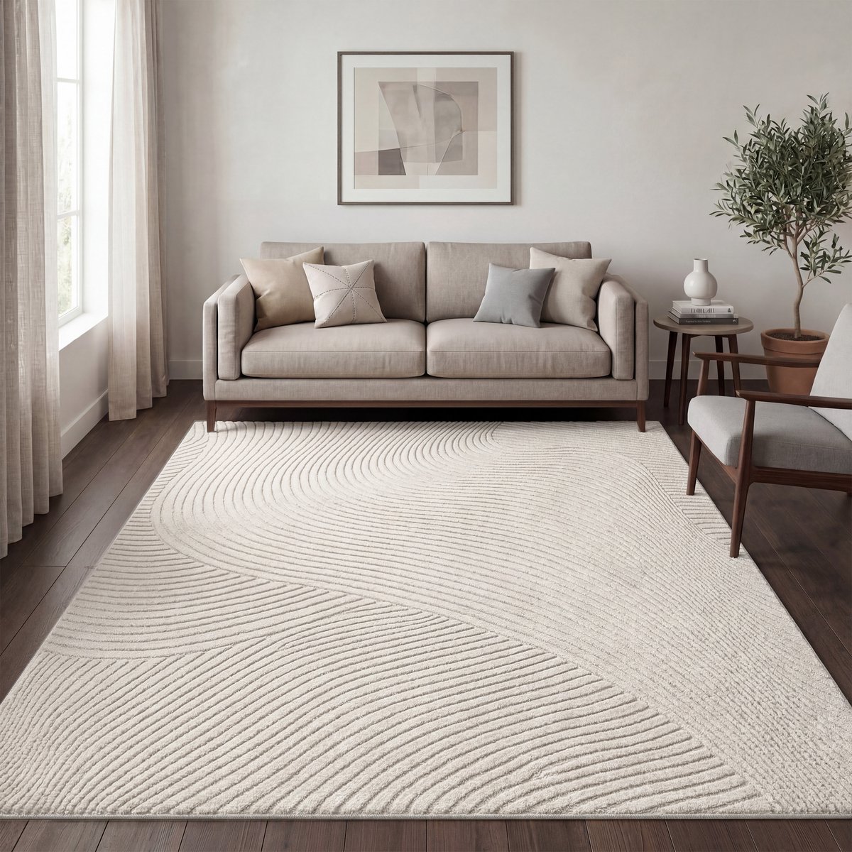 Paco Home Tapijt Woonkamer kortpolig Scandinavisch Japandi Boho Abstract patroon 3D Uni Crème 200x280 cm
