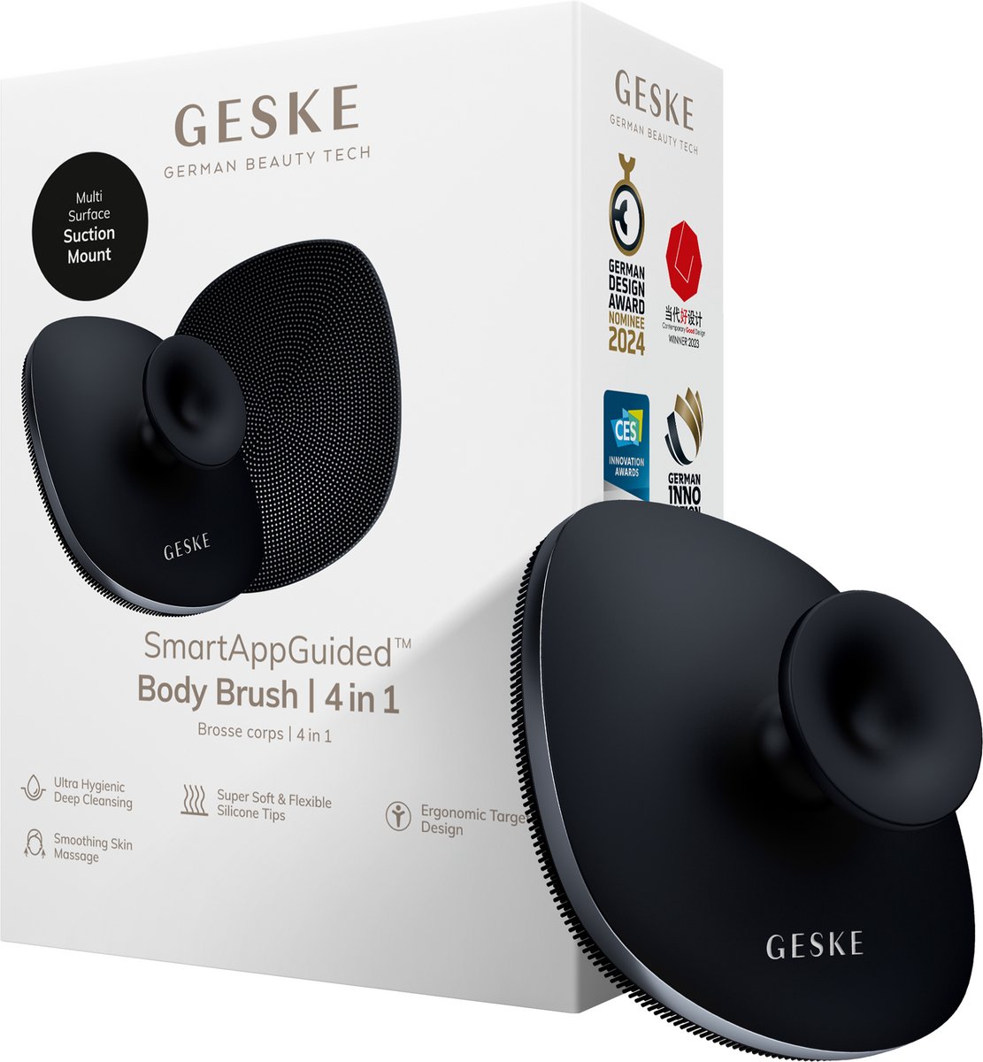 GESKE Body Brush | 4 in 1 | Ontwerp met metalen ring | Reinigingsborstel voor het hele lichaam | Dieptereiniging | Zachte siliconen borstelharen | Ergonomisch ontwerp met twee vingers