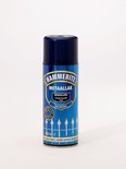 Hammerite Metaallak Hoogglans Stand Blauw spuitbus met blauw label en afbeelding van een hek. 400 ml.