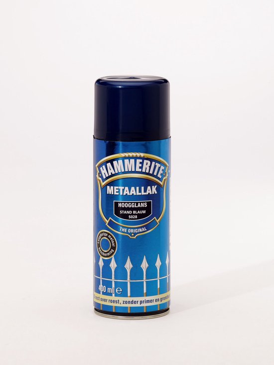Hammerite Metaallak Hoogglans Stand Blauw spuitbus met blauw label en afbeelding van een hek. 400 ml.