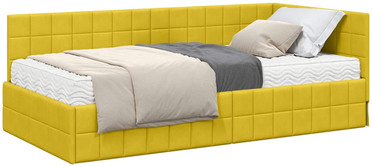 vidaXL Hoekbedframe - met - Matras - 2 - st - Geel - 90 - x - 190 - cm - Fluweel