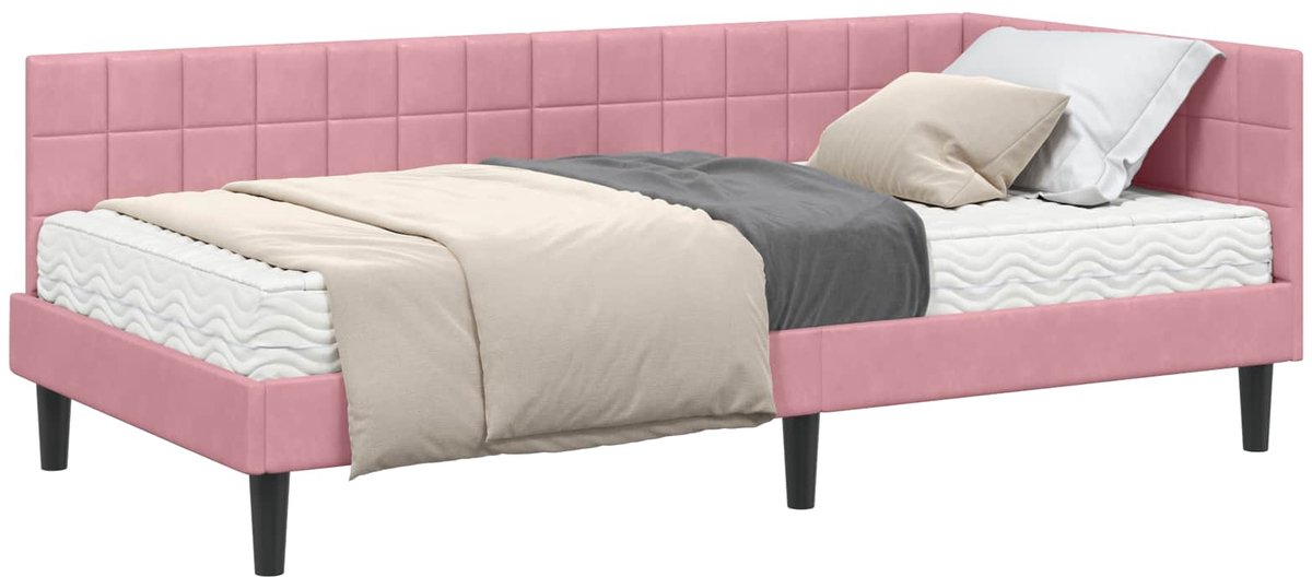 vidaXL Hoekbedframe - met - Matras - 2 - st - Roze - 90 - x - 200 - cm - Fluweel